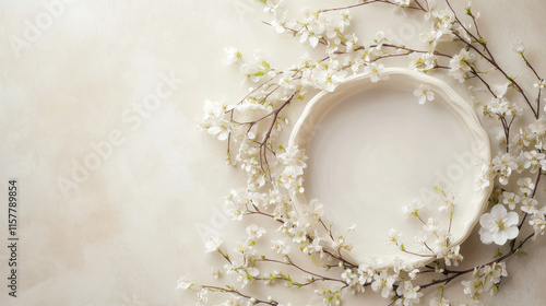 "Newborn Neutral Spring Background – Round White Bowl with Floral Wreath and Branches on a Light Beige Backdrop."

