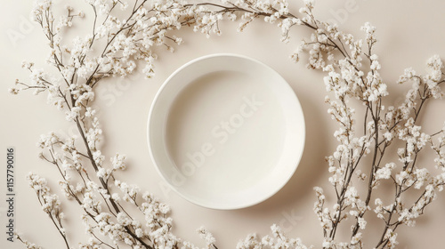 "Newborn Neutral Spring Background – Round White Bowl with Floral Wreath and Branches on a Light Beige Backdrop."

