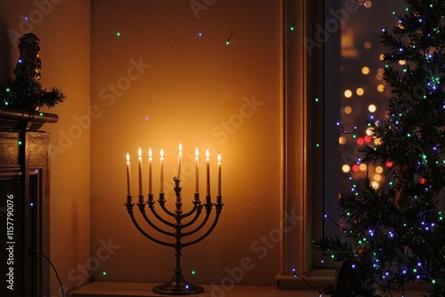 Minimal background image of glowing menorah candles with Christmas lights and decorations in elegant warm lit setting copy space