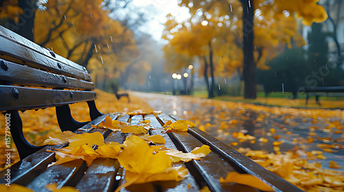 Rainy autumn day in park, wet wooden bench covered with yellow leaves.