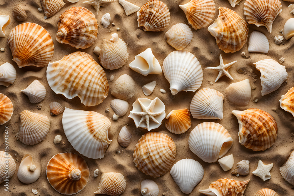 Close up of seashells on the sandy beach, Generated by ai Close up of seashells on the sandy beach, Generated by ai