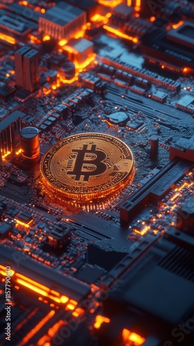 Wallpaper Mural A detailed view of a bitcoin coin resting on a futuristic circuit board. The image captures the glowing technology behind cryptocurrency. Bitcoin shines brightly in the digital world. Torontodigital.ca
