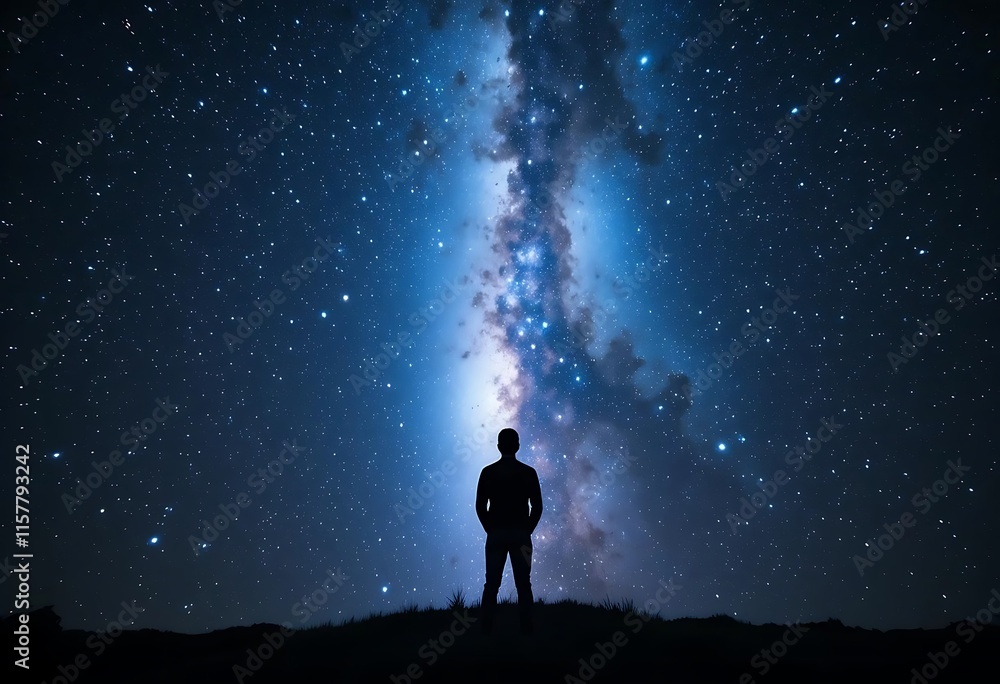 Fototapeta premium Stunning Silhouette Standing in Awe of Cosmic Galaxy Light Projection