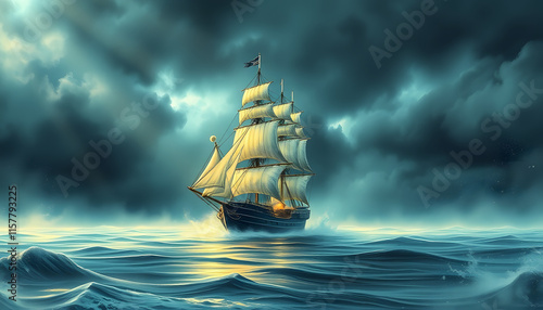 Ghosty flying dutchman ship and stormy sky, crayon drawing. isolated with white highlights