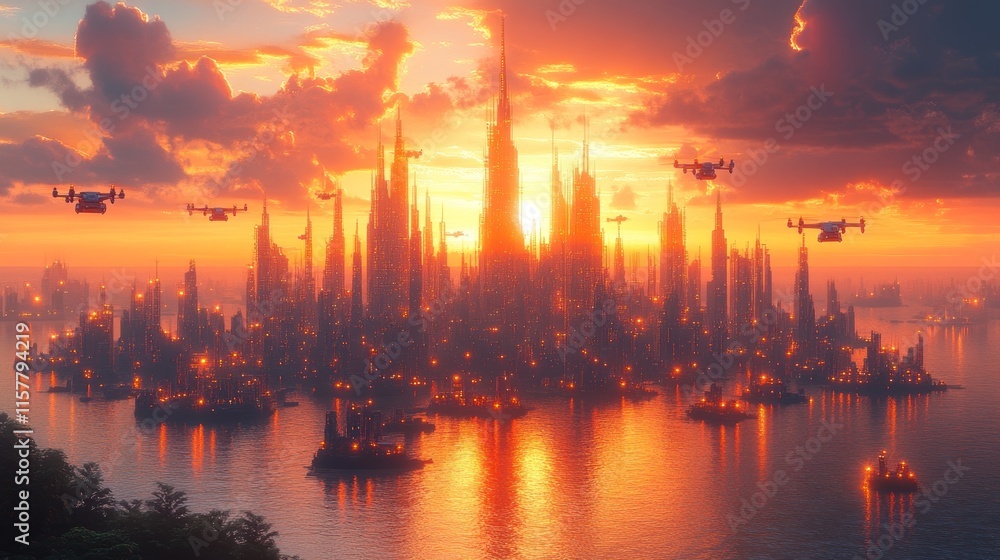 Naklejka premium A futuristic cityscape at sunset, featuring tall spires and flying drones over water.