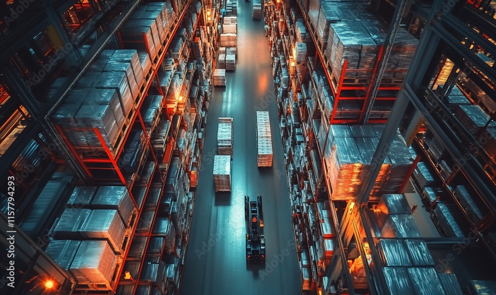 Aerial view of a warehouse filled with stacked pallets and a forklift. Aerial view of a warehouse filled with stacked pallets and a forklift.