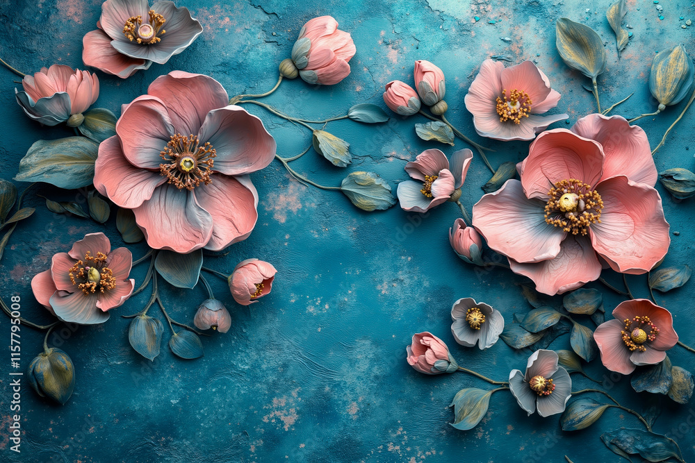 Fototapeta premium A bunch of pink flowers on a blue background