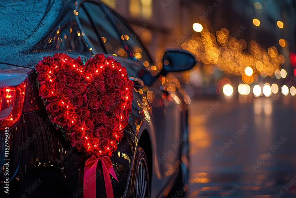 Obraz premium Car decorated with roses and lights, creating a romantic atmosphere in a vibrant city at night