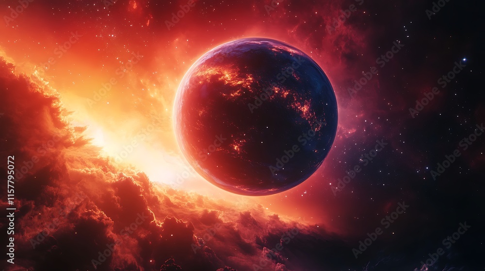 Fiery Planet Ascends: Stunning Digital Painting of a Crimson Cosmic Landscape. AI Generated Fiery Planet Ascends: Stunning Digital Painting of a Crimson Cosmic Landscape. AI Generated