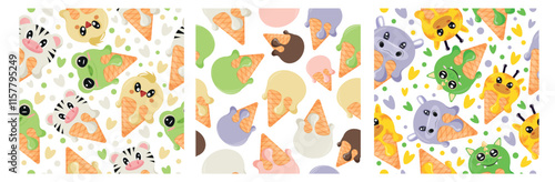 set of three seamless patterns of various ice creams in different colors and also ice creams with various animal designs on light colors