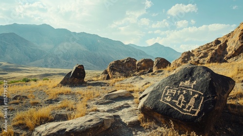 Ancient Petroglyphs in a Majestic Mountain Valley photo