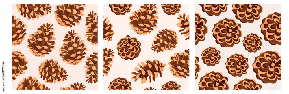 set of three seamless patterns with Christmas plant icons of pine cones of different sizes and shapes set of three seamless patterns with Christmas plant icons of pine cones of different sizes and shapes