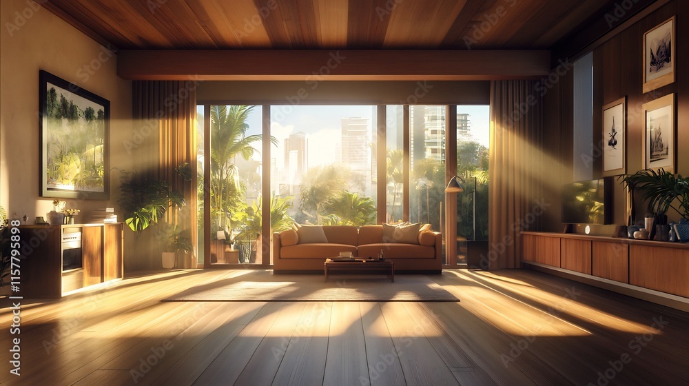 Fototapeta premium Stunning 3D Render: Sunlit Modern Living Room Interior Design. AI Generated