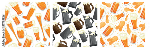 set of three seamless patterns of various beer glasses of different sizes and shapes on light backgrounds