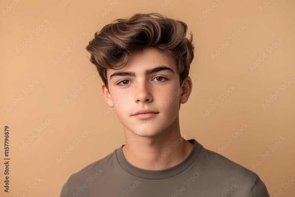 A young man with brown hair and a beard is wearing a gray shirt and looking at the camera A young man with brown hair and a beard is wearing a gray shirt and looking at the camera
