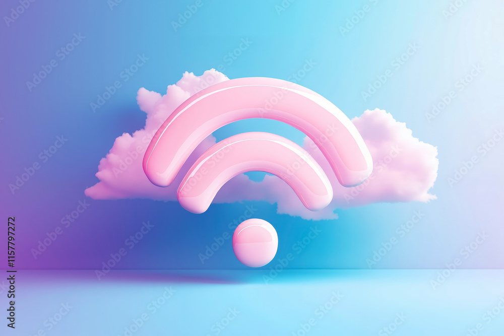 A pink wifi symbol floating in the sky with a cloud in the background A pink wifi symbol floating in the sky with a cloud in the background