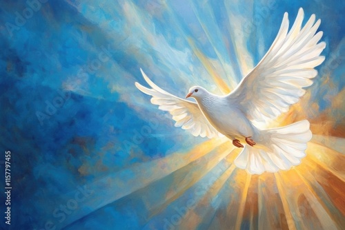 A beautiful white dove gracefully soaring high in the expansive blue sky symbolizes peace, love, and unity during the Easter season, surrounded by warm rays of light that emanate hope and joy for all