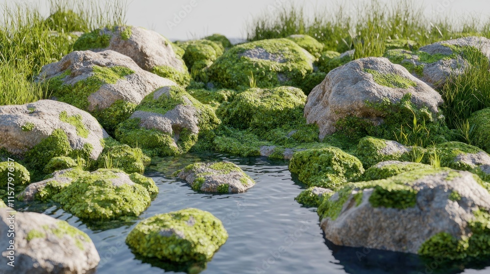 Lush green moss-covered rocks by a tranquil water stream. Lush green moss-covered rocks by a tranquil water stream.