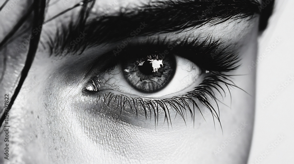 Fototapeta premium Close-Up Monochrome Photo: Intensely Gazing Eye, Dramatic Lighting, High-Fashion Beauty Shot. AI Generated