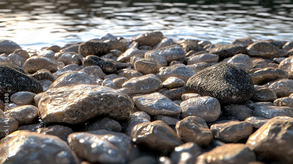 A close-up view of smooth stones by the water's edge. A close-up view of smooth stones by the water's edge.