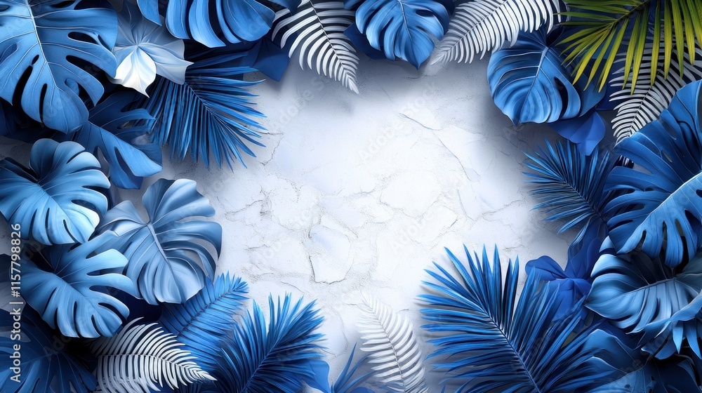 Naklejka premium A vibrant arrangement of blue tropical leaves framing a textured white background.