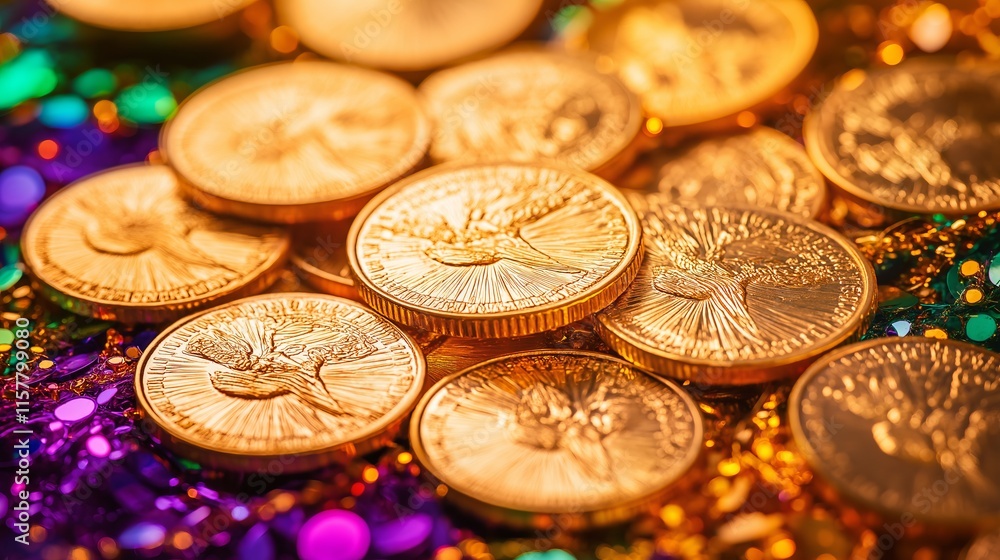 Close-up of shiny Mardi Gras coins and symbols of luck on a decorative cloth with vibrant colors and warm lighting Close-up of shiny Mardi Gras coins and symbols of luck on a decorative cloth with vibrant colors and warm lighting