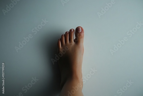 A single bare foot is centered on a smooth white surface, highlighting the skins natural texture and details. The foot is relaxed, with neatly trimmed nails adding to the serene composition. photo