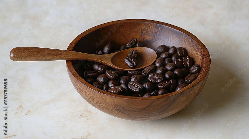 Roasted coffee beans rest in a wooden bowl alongside a spoon. The beans are of the Arabica variety, known for their rich flavor and aroma. The image captures the essence of coffee Roasted coffee beans rest in a wooden bowl alongside a spoon. The beans are of the Arabica variety, known for their rich flavor and aroma. The image captures the essence of coffee