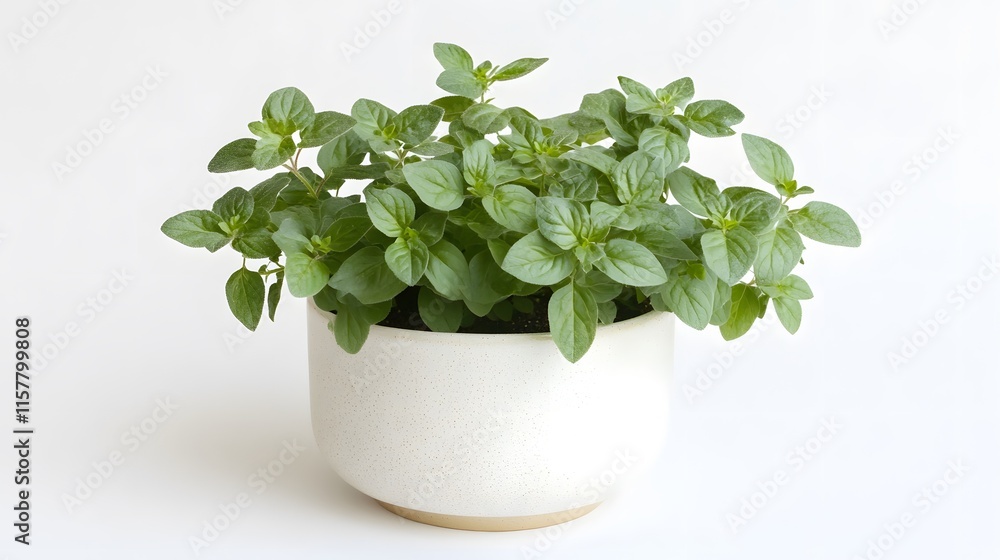 A lush oregano plant thrives in a speckled white pot against a bright white background. Its vibrant green leaves are healthy and full, suggesting freshness and vitality. A lush oregano plant thrives in a speckled white pot against a bright white background. Its vibrant green leaves are healthy and full, suggesting freshness and vitality.