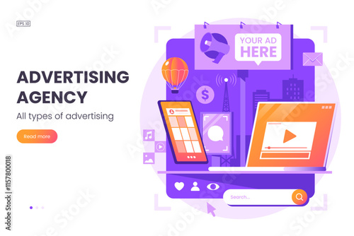 Advertising agency web page concept. Illustration of advertising types. Internet marketing business. Promotion in social media and urban space. Ideal for web, infographics.