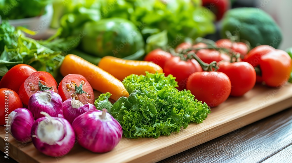 A variety of fresh vegetables including tomatoes, lettuce, onions, and carrots arranged on a wooden cutting board A variety of fresh vegetables including tomatoes, lettuce, onions, and carrots arranged on a wooden cutting board