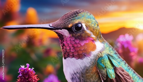 Impresionante ilustracin realista de un colibr colorido en alta definicin, capturando cada detalle de su plumaje vibrante y su delicada figura en un entorno natural, ideal para amantes photo