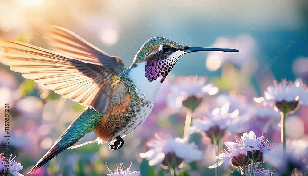 Naklejka premium Impressive HyperRealistic Illustration of a Colorful Hummingbird in High Definition, Capturing Every Detail of Its Vibrant Feathers and Graceful Movement in a Lush Natural Setting.