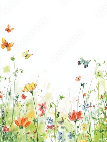 Colorful meadow filled with vibrant flowers and playful butterflies in a sunny landscape. Generative AI