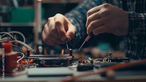 A Technician assembling motor system and testing motor automatic gate by screwdriver home security system.