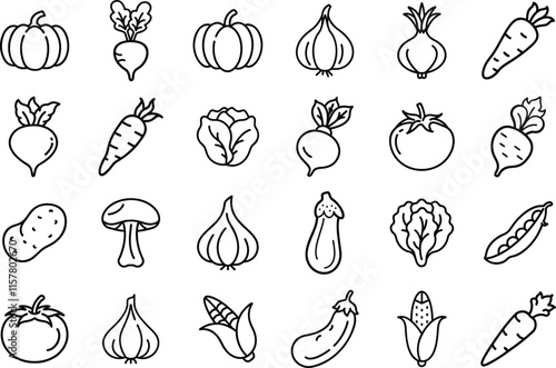 An illustration of 16 vegetables drawn in black line art style, including avocado, corn, eggplant, garlic, mushroom, potato, radish, and tomato.