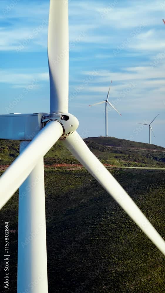 Wind turbine generator energy, closeup, alternative energy sources with zero emission carbon. vertical video Wind turbine generator energy, closeup, alternative energy sources with zero emission carbon. vertical video