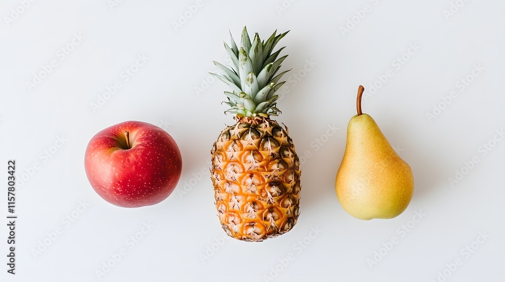 A red apple, pineapple, and yellow pear are arranged on a white background.  A simple, clean food flat lay.  Perfect for health, wellness, or diet themes.