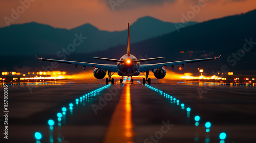 Airplane landing on a brightly lit runway against a stunning sunset backdrop in the evening sky