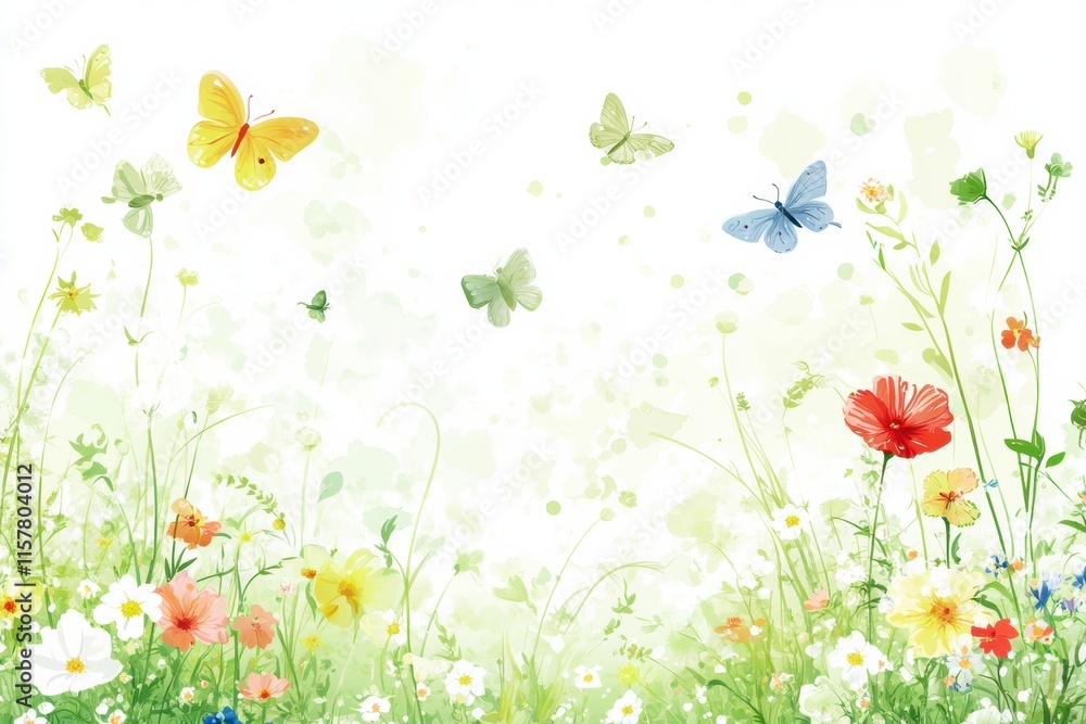 Colorful meadow filled with playful flowers and butterflies in a cheerful spring setting. Generative AI