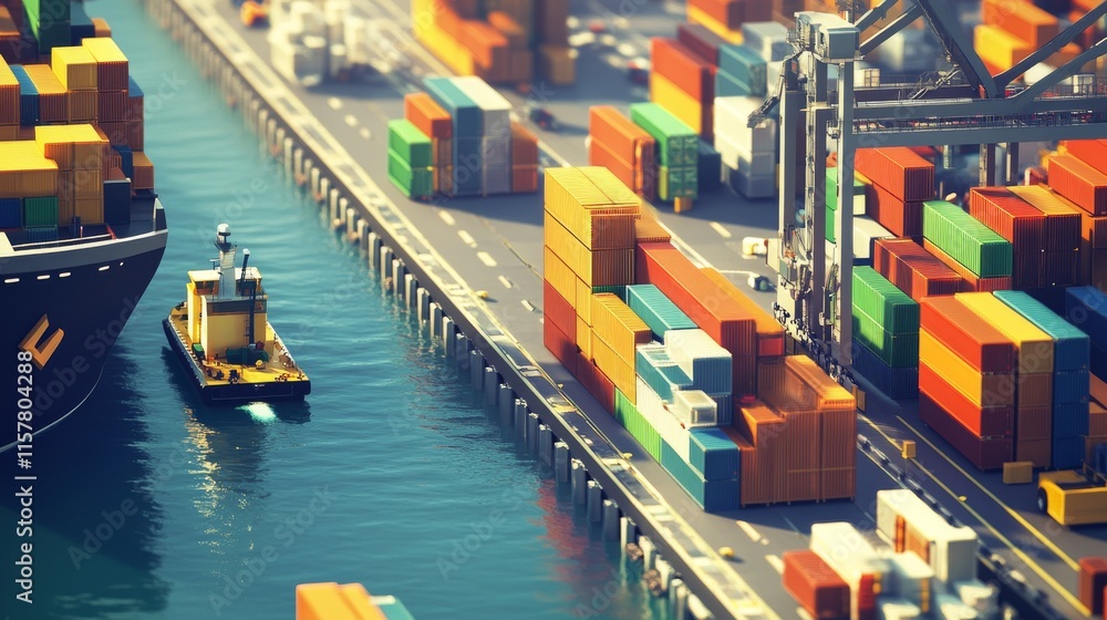 Fototapeta premium Cargo ship and truck at seaport waiting for container dock crane shipment harbour loading container boxes import and export commercial trade business logistic and transportation of international.