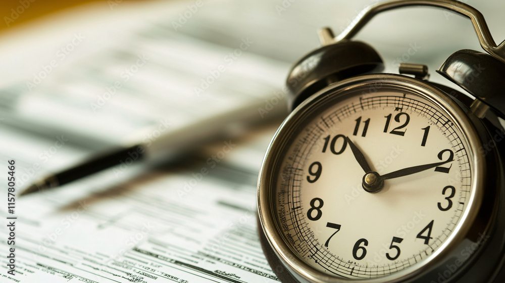 A minimalistic close-up of a classic alarm clock on a desk with paperwork and a pen, conveying a sense of urgency and time management A minimalistic close-up of a classic alarm clock on a desk with paperwork and a pen, conveying a sense of urgency and time management