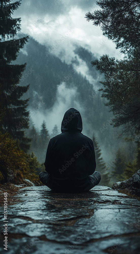 Obraz premium A man in a dark hoodie sits on a stone path surrounded by forest and mountains, with clouds in front of them. He is turned away from the viewer, looking at the distant misty peaks, creating an atmosph