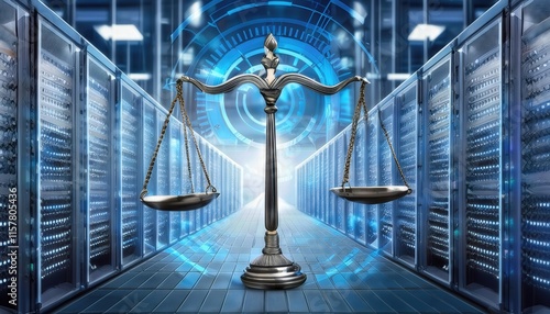 Digital Law Concept Scales of Justice Against a Data Center Background Symbolizing the Duality of Judiciary and Jurisprudence in the Modern Age photo