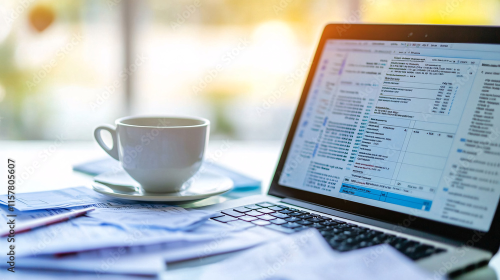 Obraz premium A minimalistic close-up of a laptop with open spreadsheets beside a white cup of coffee, creating a serene and organized workspace atmosphere