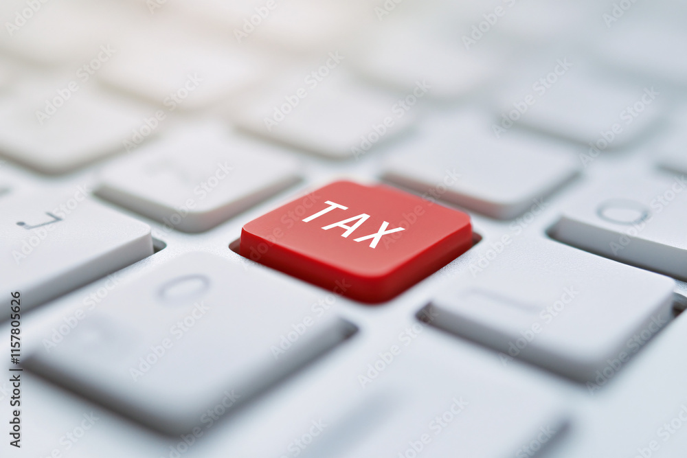 A minimalistic close-up of a white keyboard highlighting a bright red tax button, symbolizing financial matters and digital transactions A minimalistic close-up of a white keyboard highlighting a bright red tax button, symbolizing financial matters and digital transactions