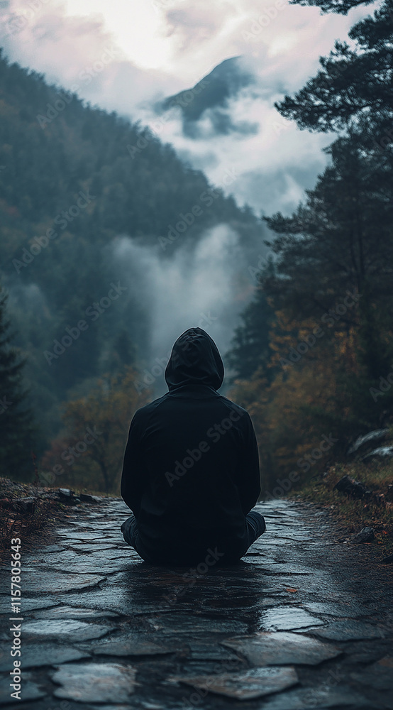 Obraz premium A man in a dark hoodie sits on a stone path surrounded by forest and mountains, with clouds in front of them. He is turned away from the viewer, looking at the distant misty peaks, creating an atmosph