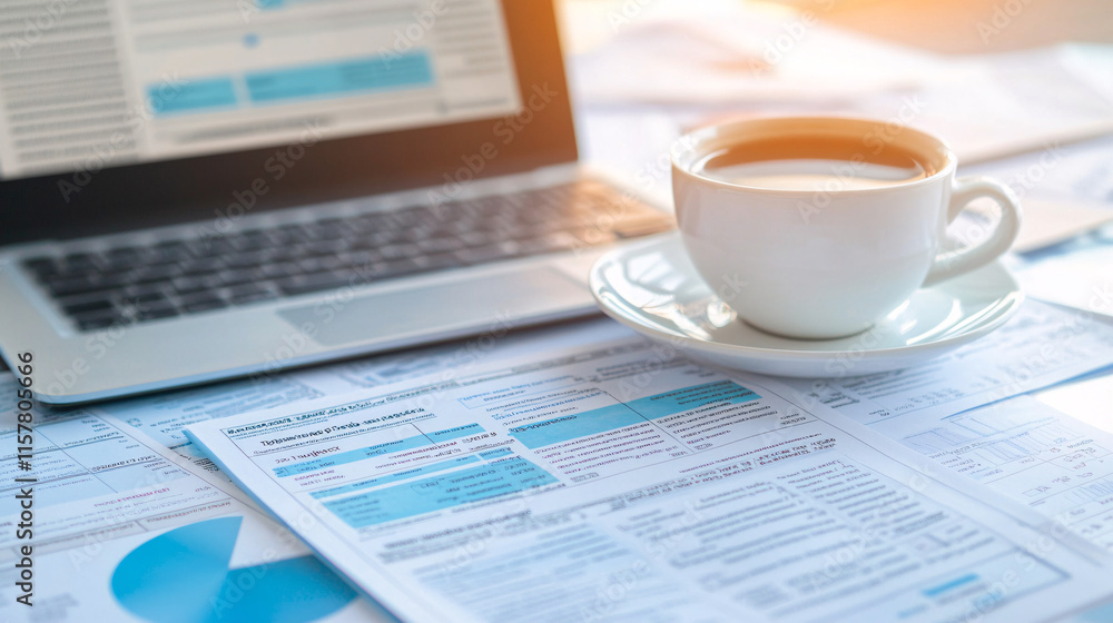 A minimalistic close-up of a laptop with a cup of coffee nearby, showcasing documents with graphs and text, creating a serene workspace atmosphere A minimalistic close-up of a laptop with a cup of coffee nearby, showcasing documents with graphs and text, creating a serene workspace atmosphere