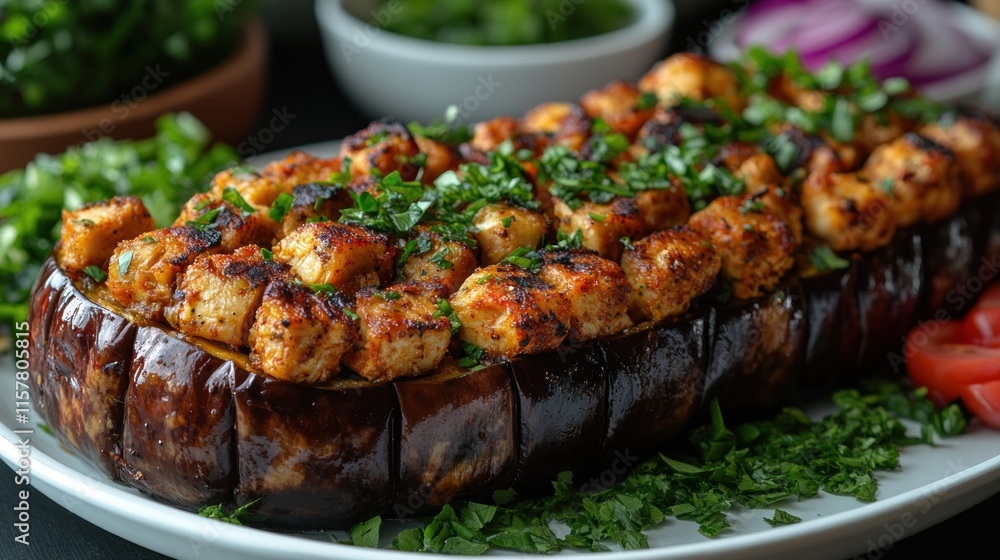 Grilled chicken cubes stuffed in a baked eggplant. Grilled chicken cubes stuffed in a baked eggplant.