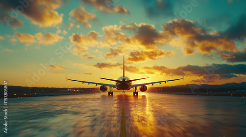 Airplane preparing for takeoff at sunset on a clear runway in a vibrant sky